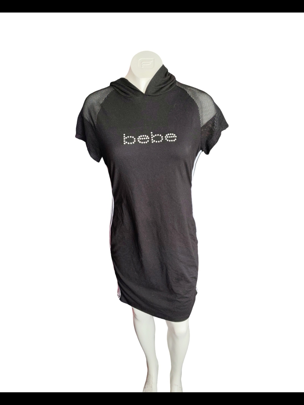 bebe Black Hooded Tee‎ Dress with Rhinestone Logo and Mesh Sleeves